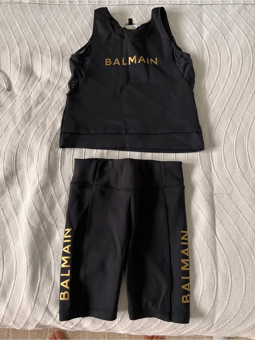 Balmain Black Crop Tank & Bike Shorts with Gold Logo